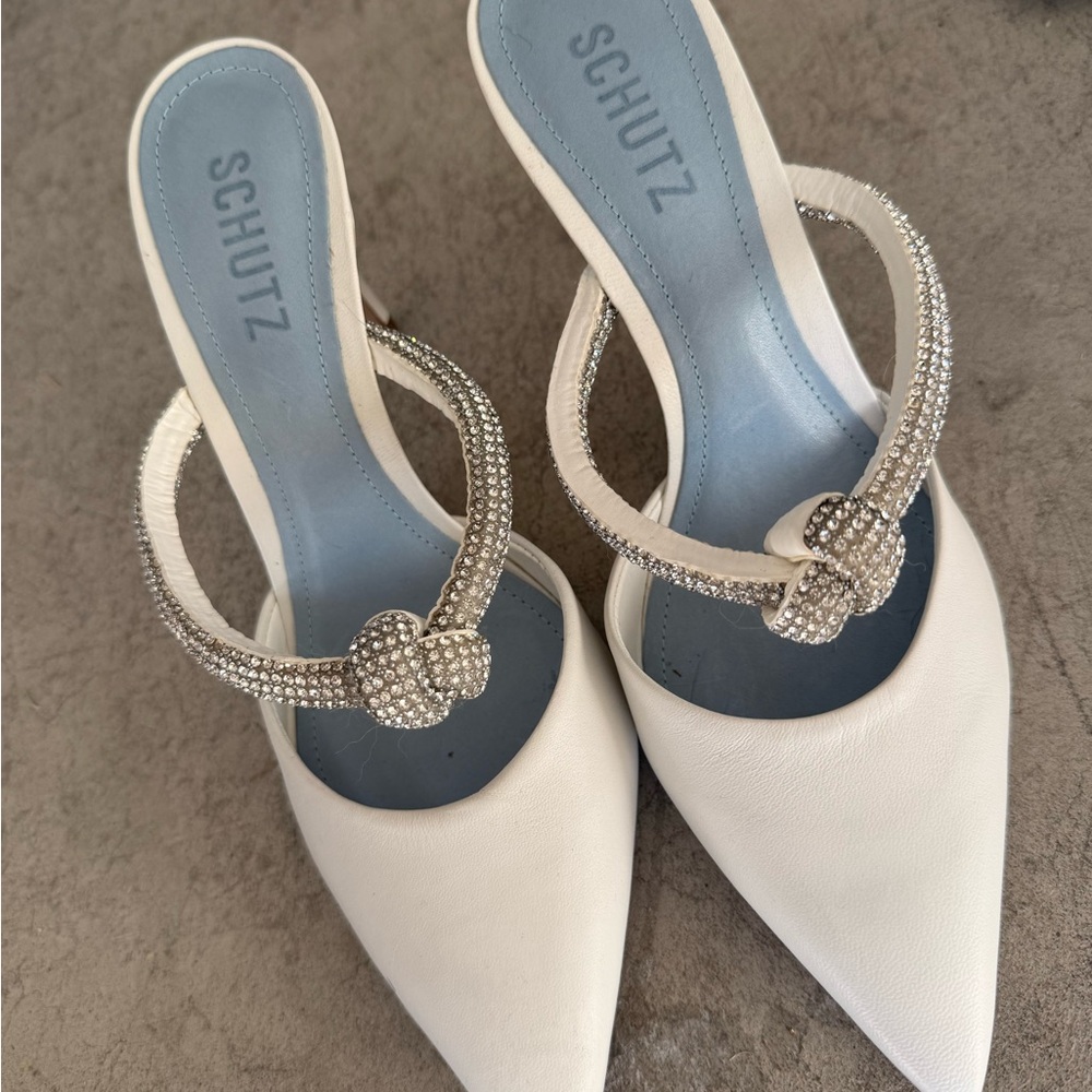 SCHUTZ White Crystal Embellished Heels
